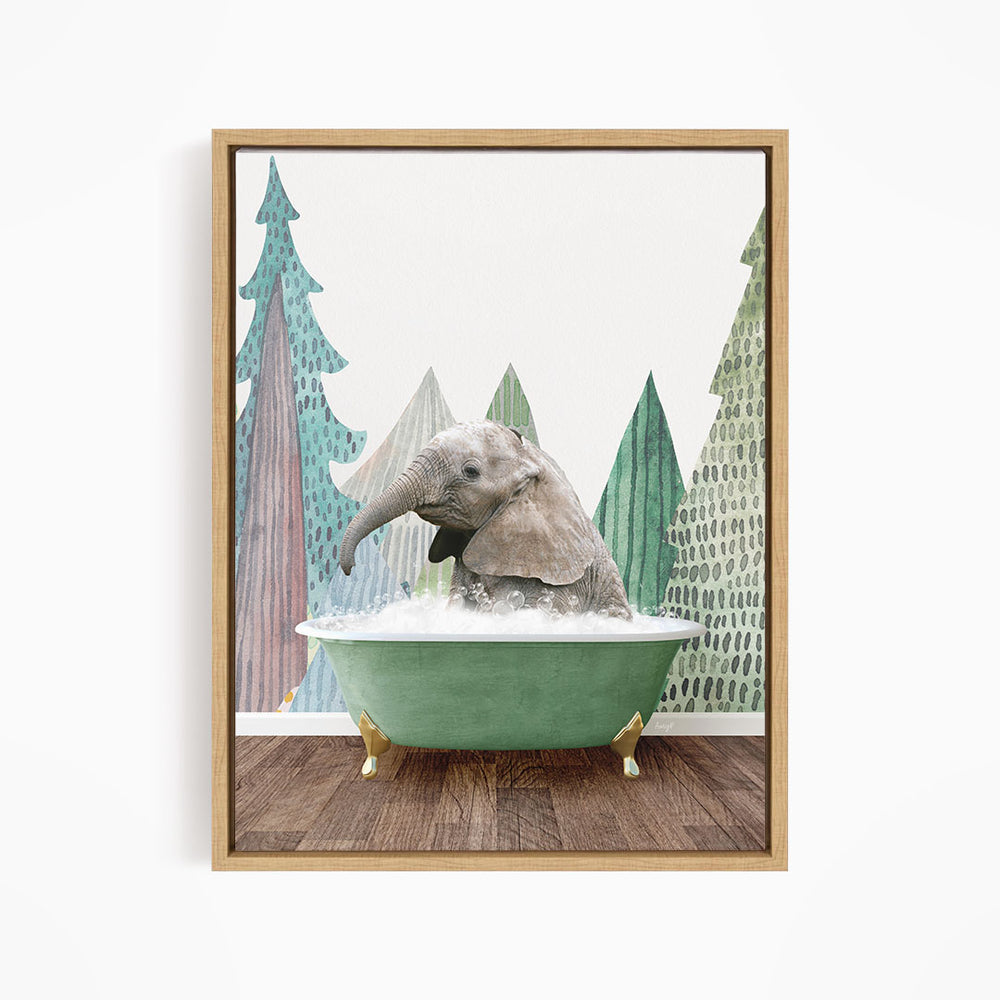 A baby elephant sitting in a green bathtub, surrounded by a forest-themed background.