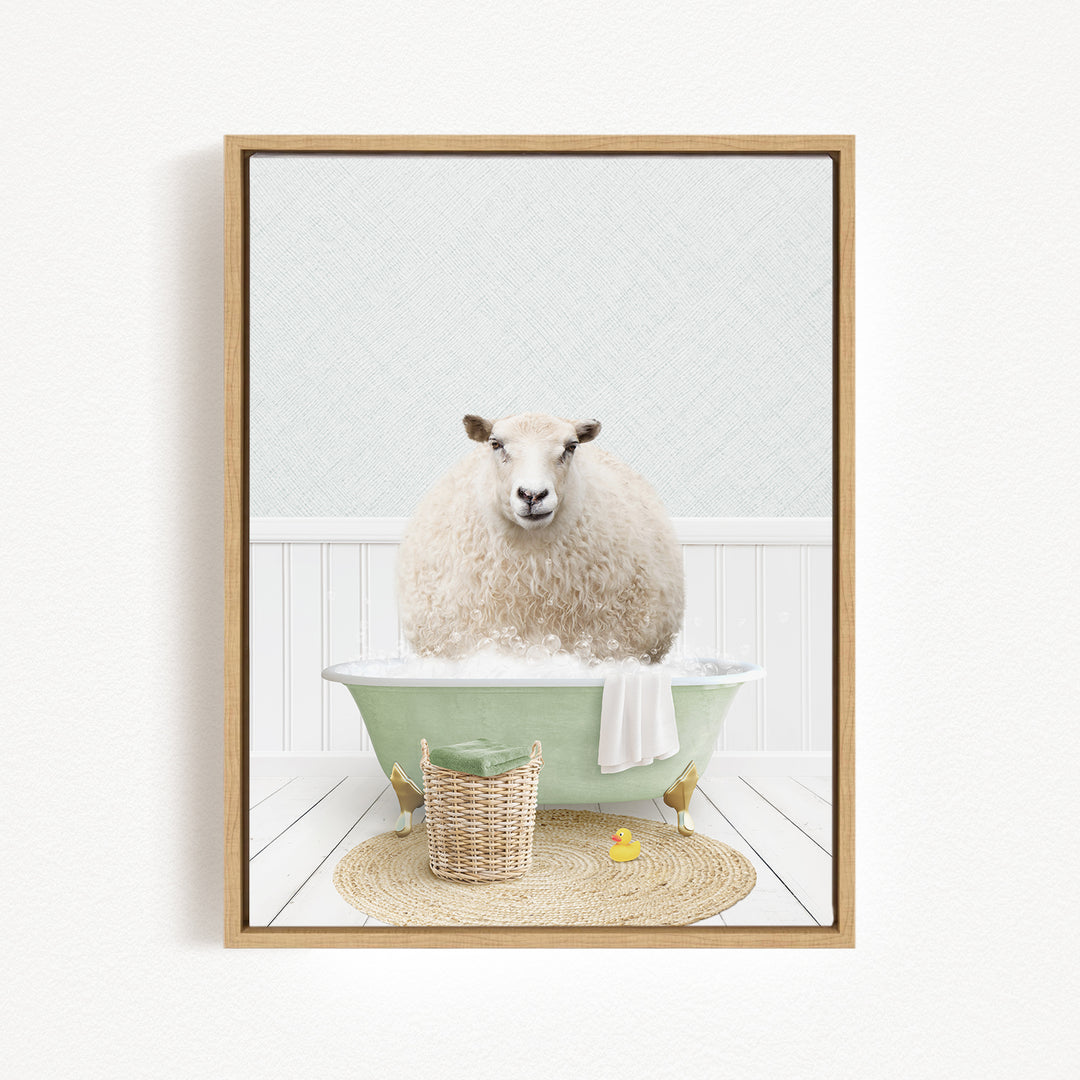 A fluffy white sheep sits in a green bathtub filled with bubbles, surrounded by a basket of toys and a yellow rubber duck.
