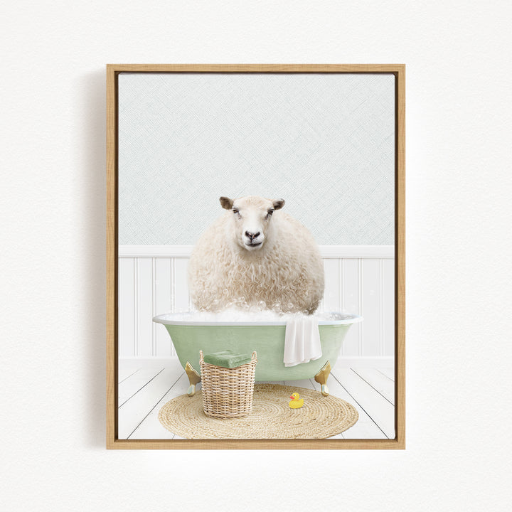 A fluffy white sheep sits in a green bathtub filled with bubbles, surrounded by a basket of toys and a yellow rubber duck.