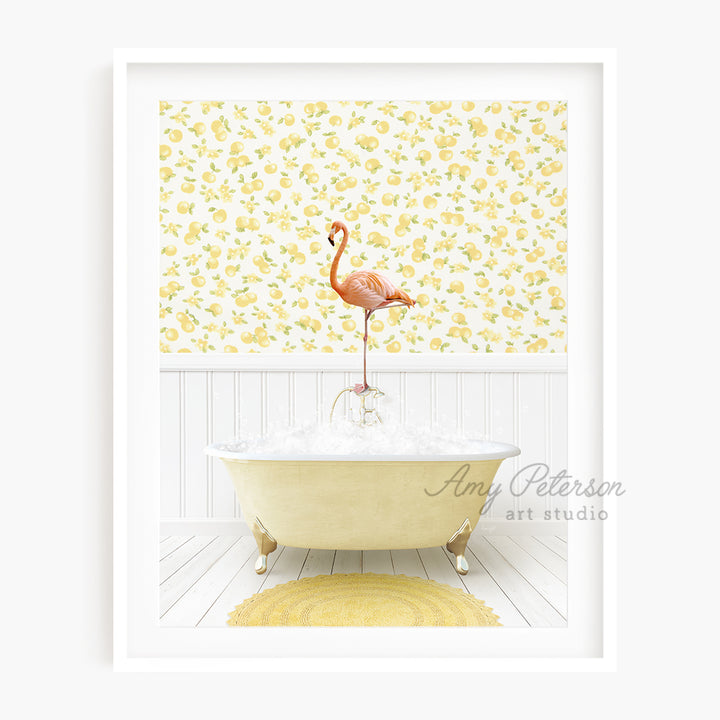 a pink flamingo standing on top of a bath tub