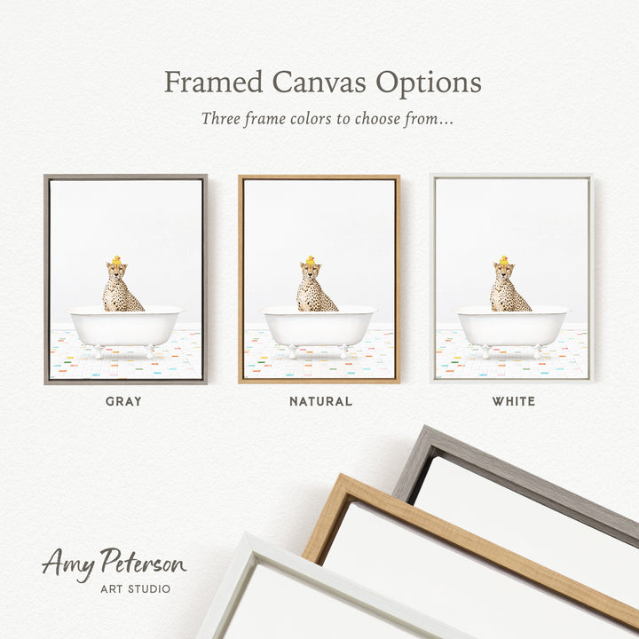 three framed canvas options, each featuring a cheetah sitting in a bathtub. The options include a gray frame, a natural frame, and a white frame.
