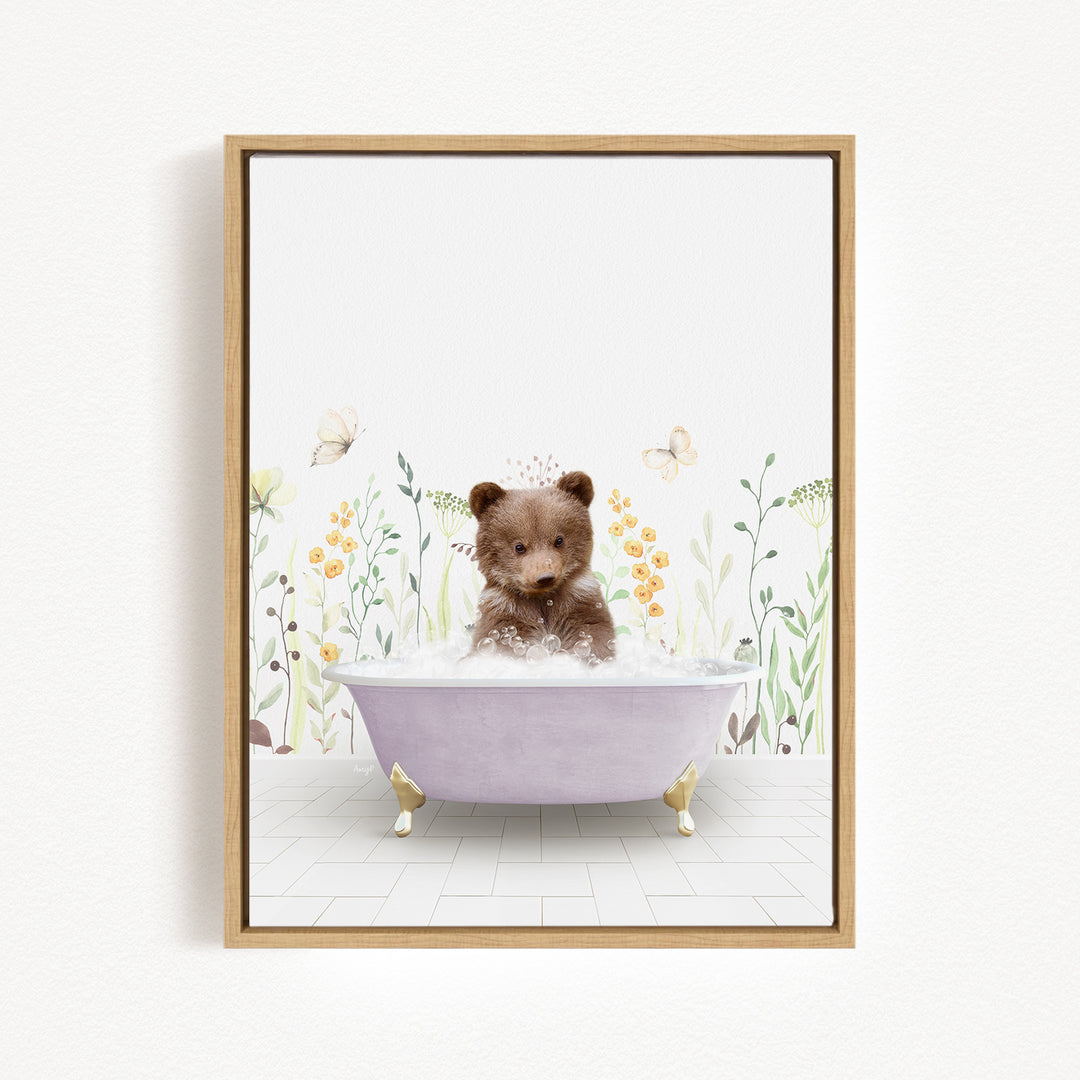 A brown bear sitting in a purple bathtub filled with bubbles, surrounded by flowers and butterflies.