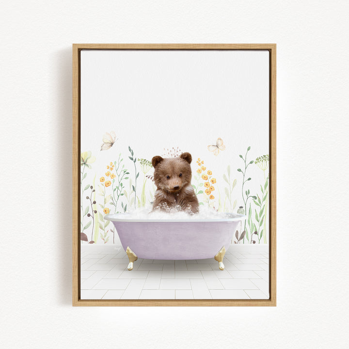 A brown bear sitting in a purple bathtub filled with bubbles, surrounded by flowers and butterflies.
