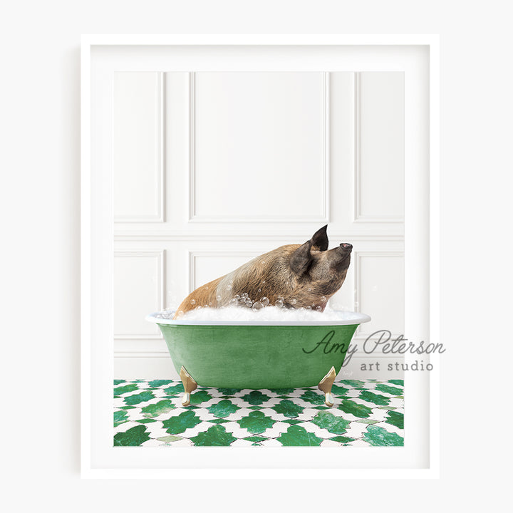 a dog taking a bath in a green bathtub