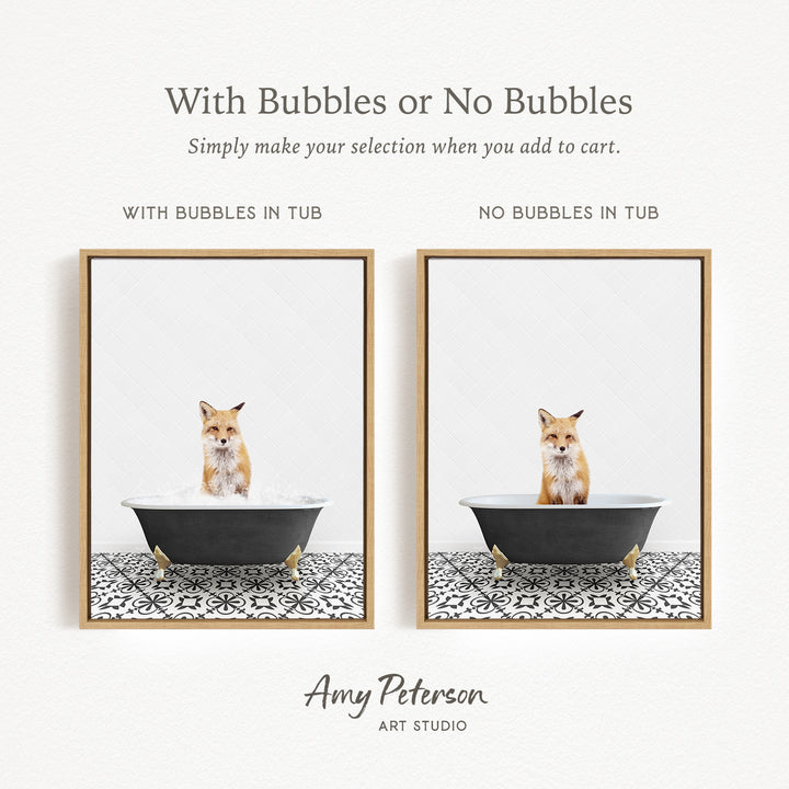 The image is a collage of two framed pictures, each featuring a cat sitting in a bathtub. The cat appears to be a fox, and the bathtub is filled with bubbles. The text above the images reads "With Bubbles or No Bubbles" and below the images, it says "Simply make your selection when you add to cart."