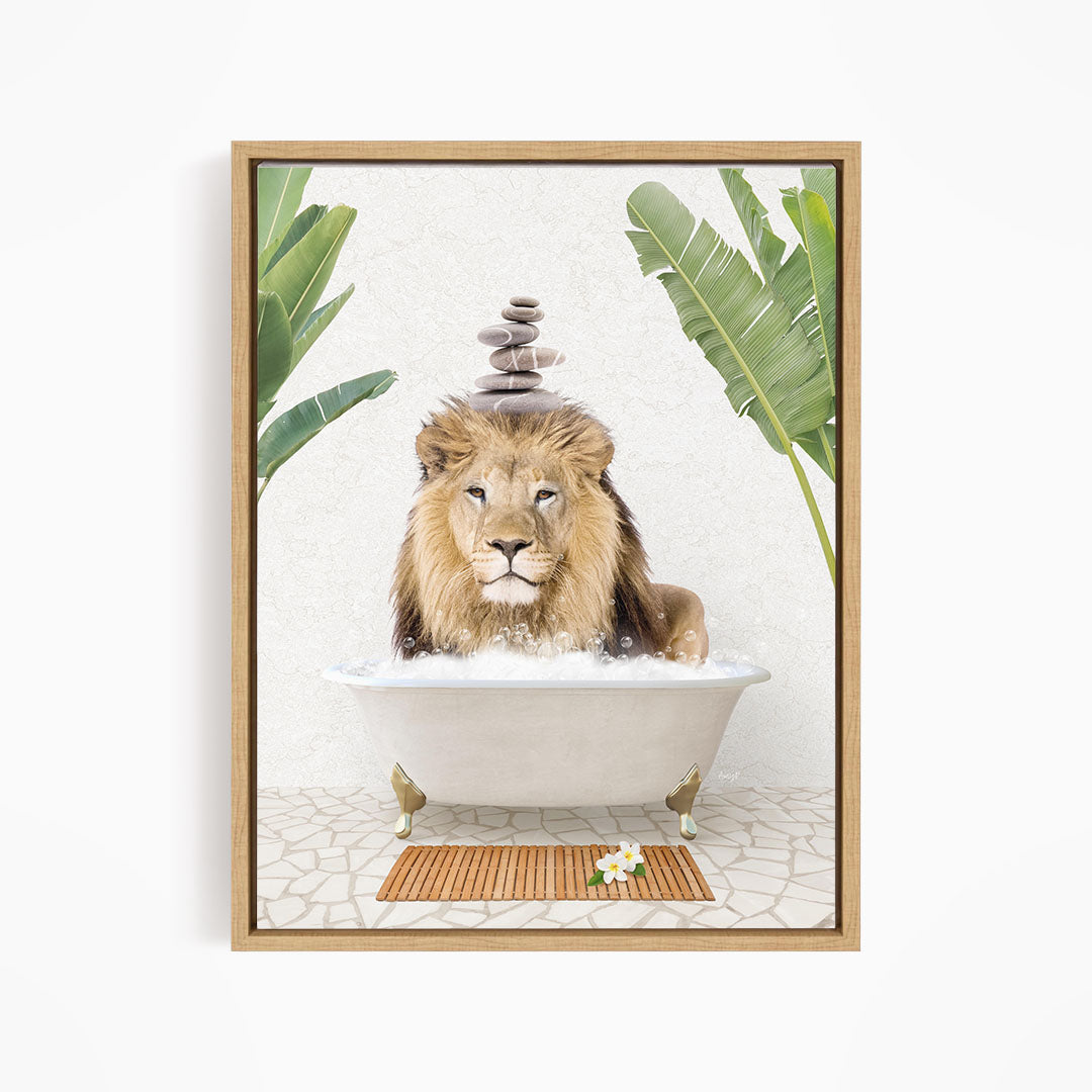 A lion is sitting in a bathtub filled with water, surrounded by palm leaves and a wooden mat.