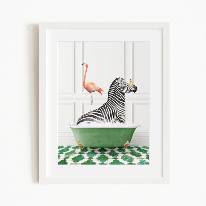 A framed image depicting a zebra sitting in a green bathtub, with a flamingo standing on its back and a bird perched on its head.