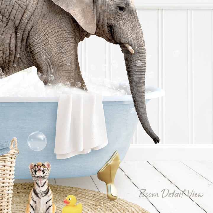 A large elephant is taking a bath in a blue tub, surrounded by various toys, including a rubber duck and a toy basket.