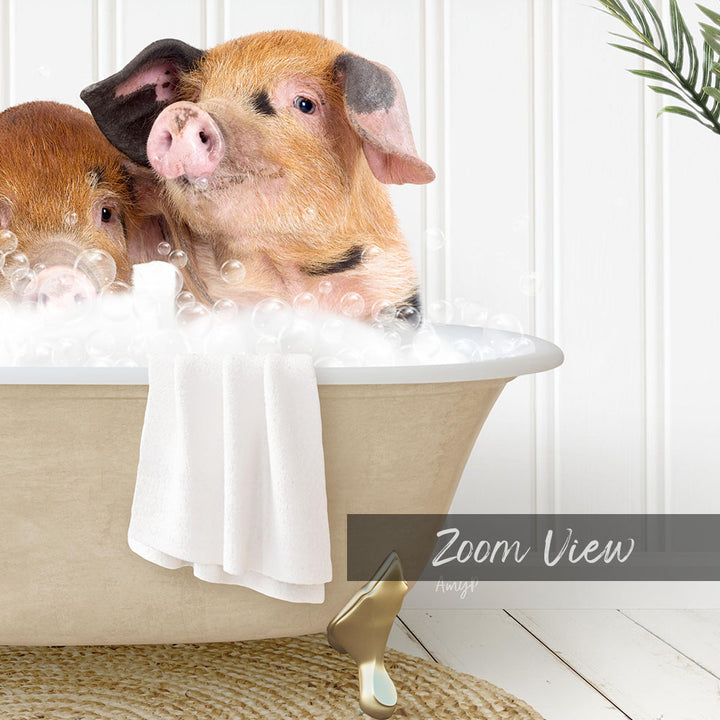 A pair of adorable pigs sitting in a bathtub filled with bubbles, enjoying a relaxing bath.