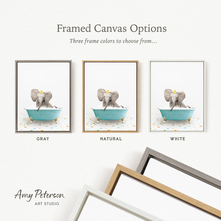 three framed canvas options featuring a gray elephant in a bathtub, with three different frame colors to choose from: gray, natural, and white.