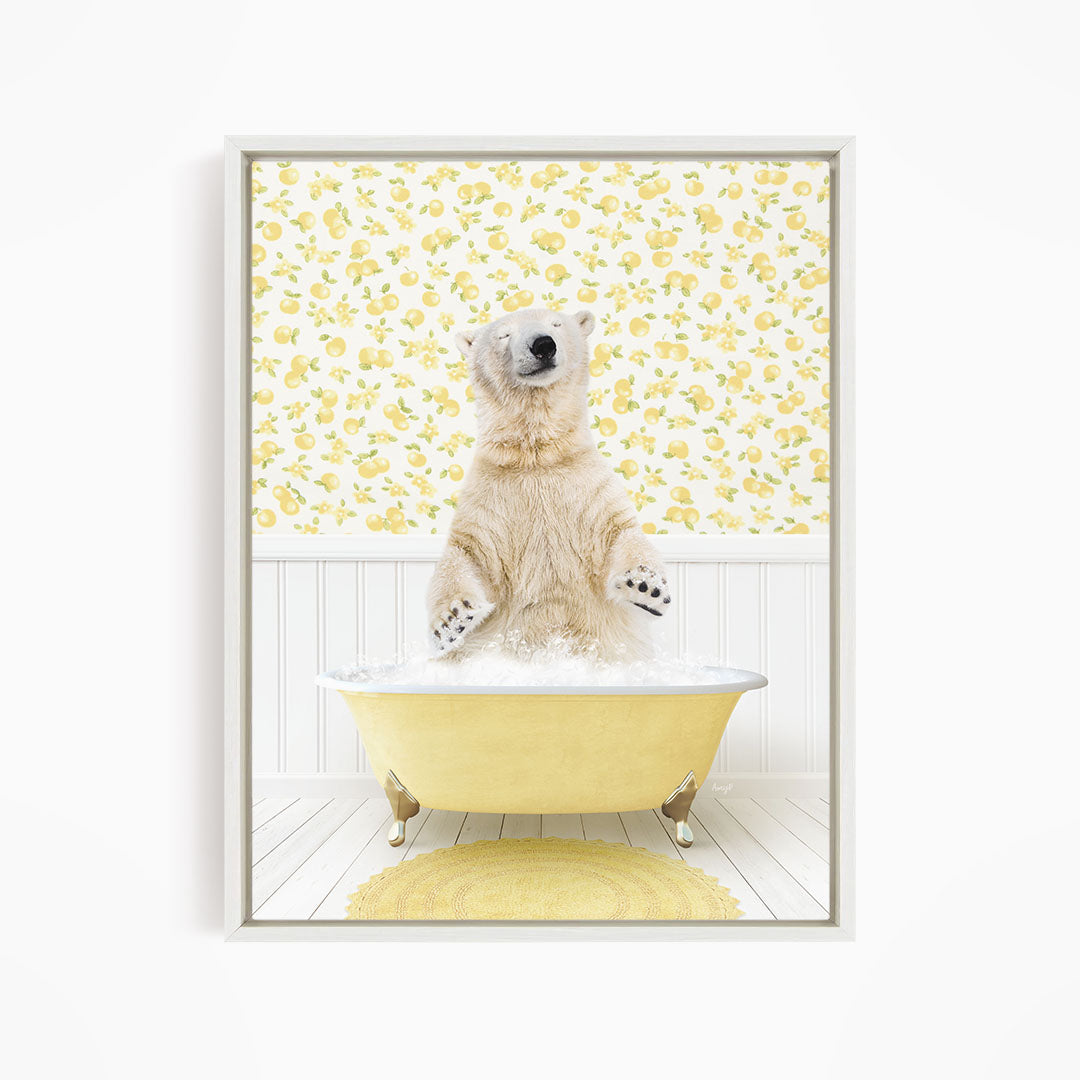 A polar bear sitting in a yellow bathtub filled with water, surrounded by a yellow floral pattern on the wall.