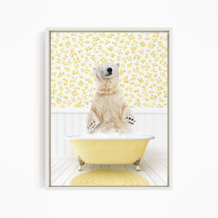 A polar bear sitting in a yellow bathtub filled with water, surrounded by a yellow floral pattern on the wall.