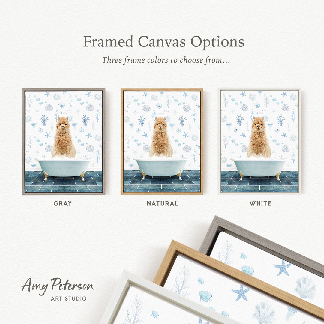 The image is a framed canvas option featuring three different framed pictures of a dog sitting in a bathtub. The options include a gray frame, a natural frame, and a white frame.