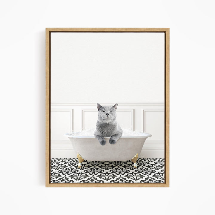A gray cat sitting in a white bathtub filled with water, with a black and white patterned floor beneath it.