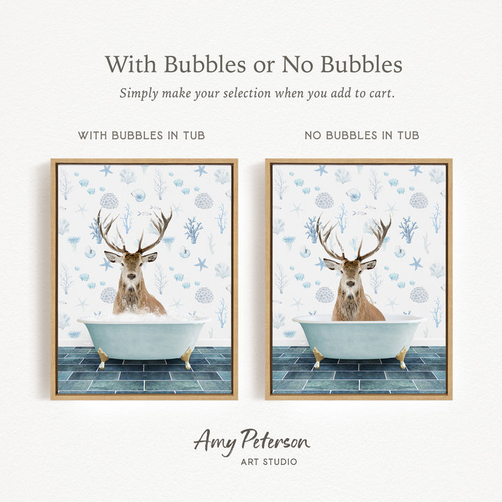 The image is a collage of two framed pictures depicting a deer in a bathtub. The deer has antlers and is surrounded by bubbles, creating a whimsical and playful scene.