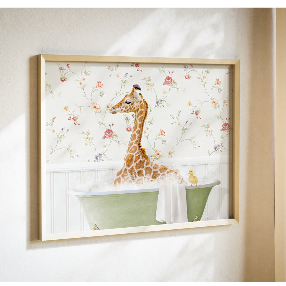 A giraffe sitting in a green bathtub, surrounded by a floral wallpaper.