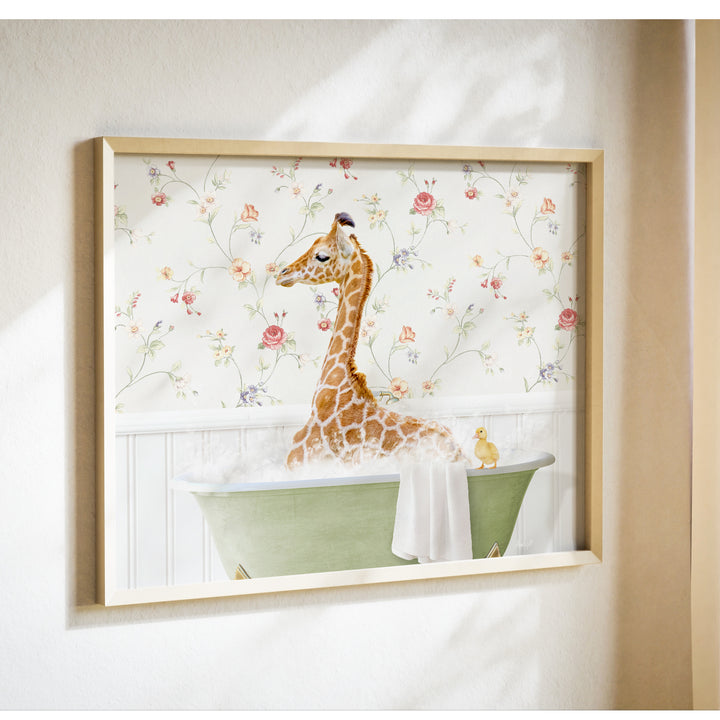 A giraffe sitting in a green bathtub, surrounded by a floral wallpaper.