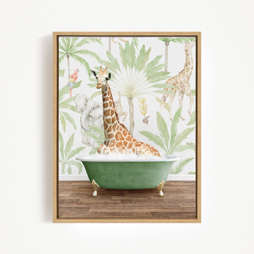A giraffe sitting in a green bathtub surrounded by tropical foliage, including palm trees and other animals.