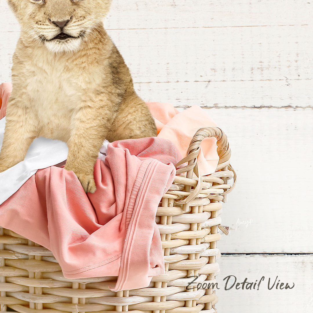 A young lion cub sitting in a wicker basket filled with pink clothing.
