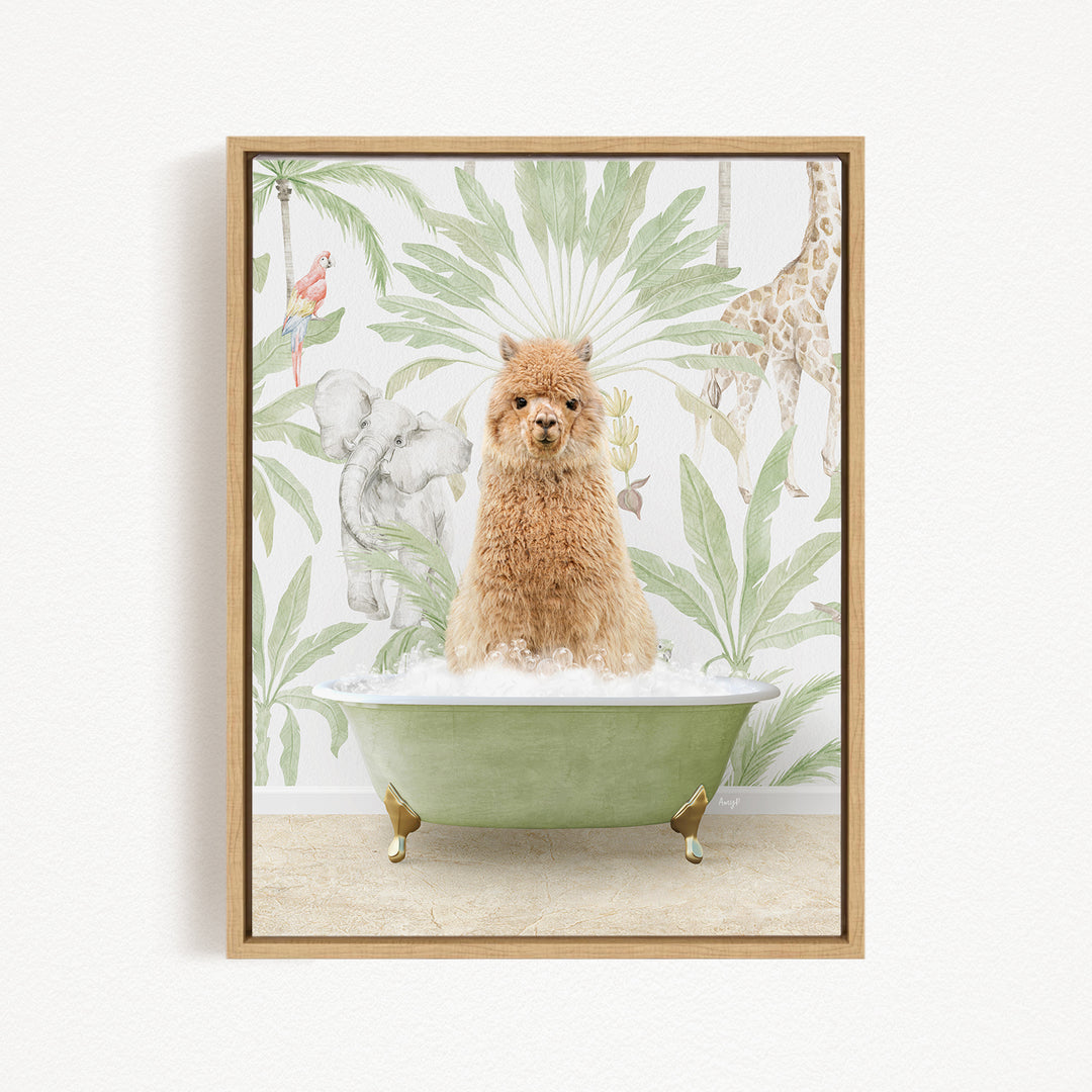 A fluffy brown dog is sitting in a green bathtub filled with bubbles, surrounded by tropical plants and animals, such as a giraffe and a parrot.