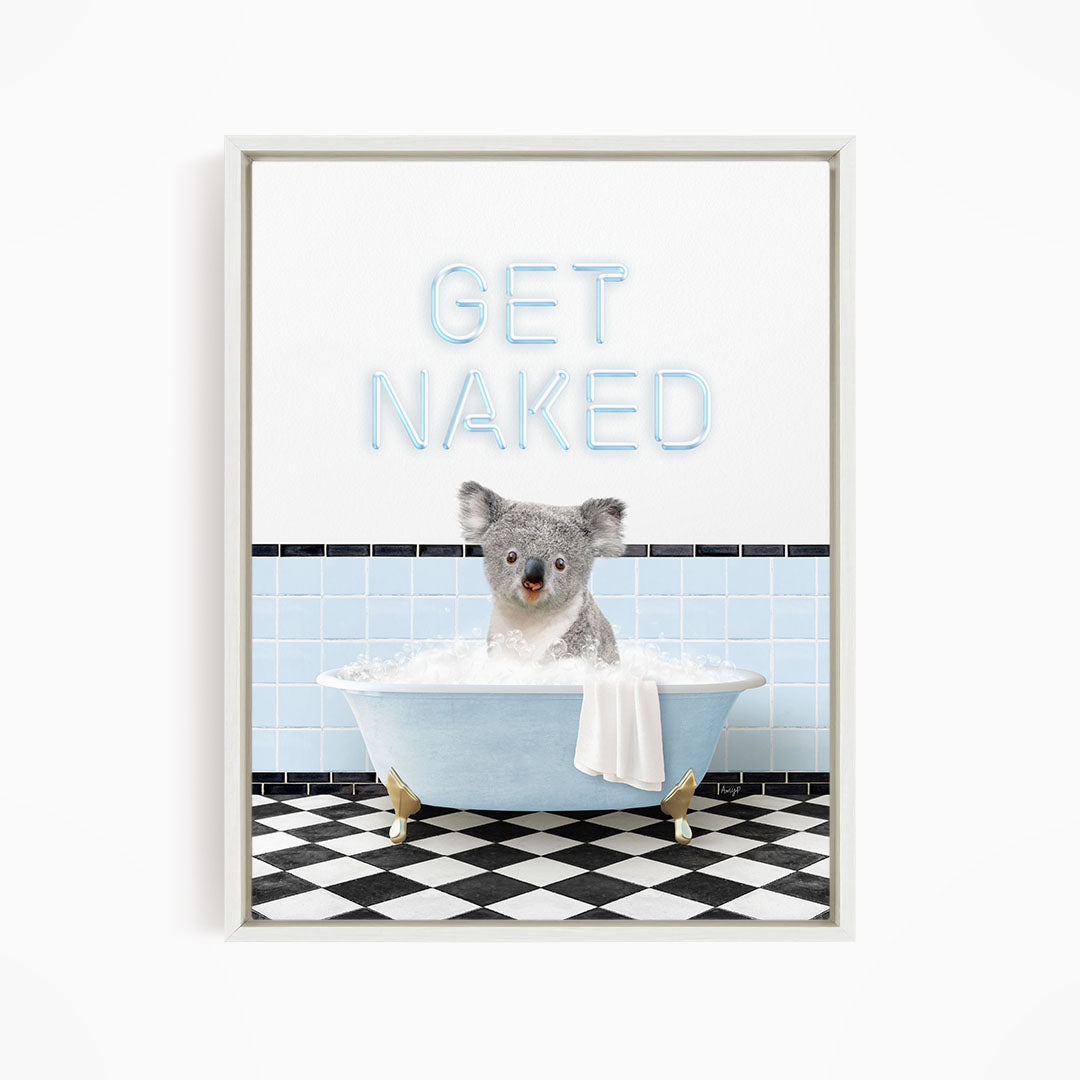 A koala sitting in a bathtub with the text "GET NAKED" displayed above it.