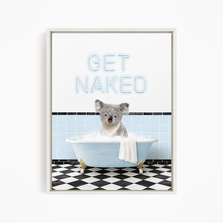 A koala sitting in a bathtub with the text "GET NAKED" displayed above it.