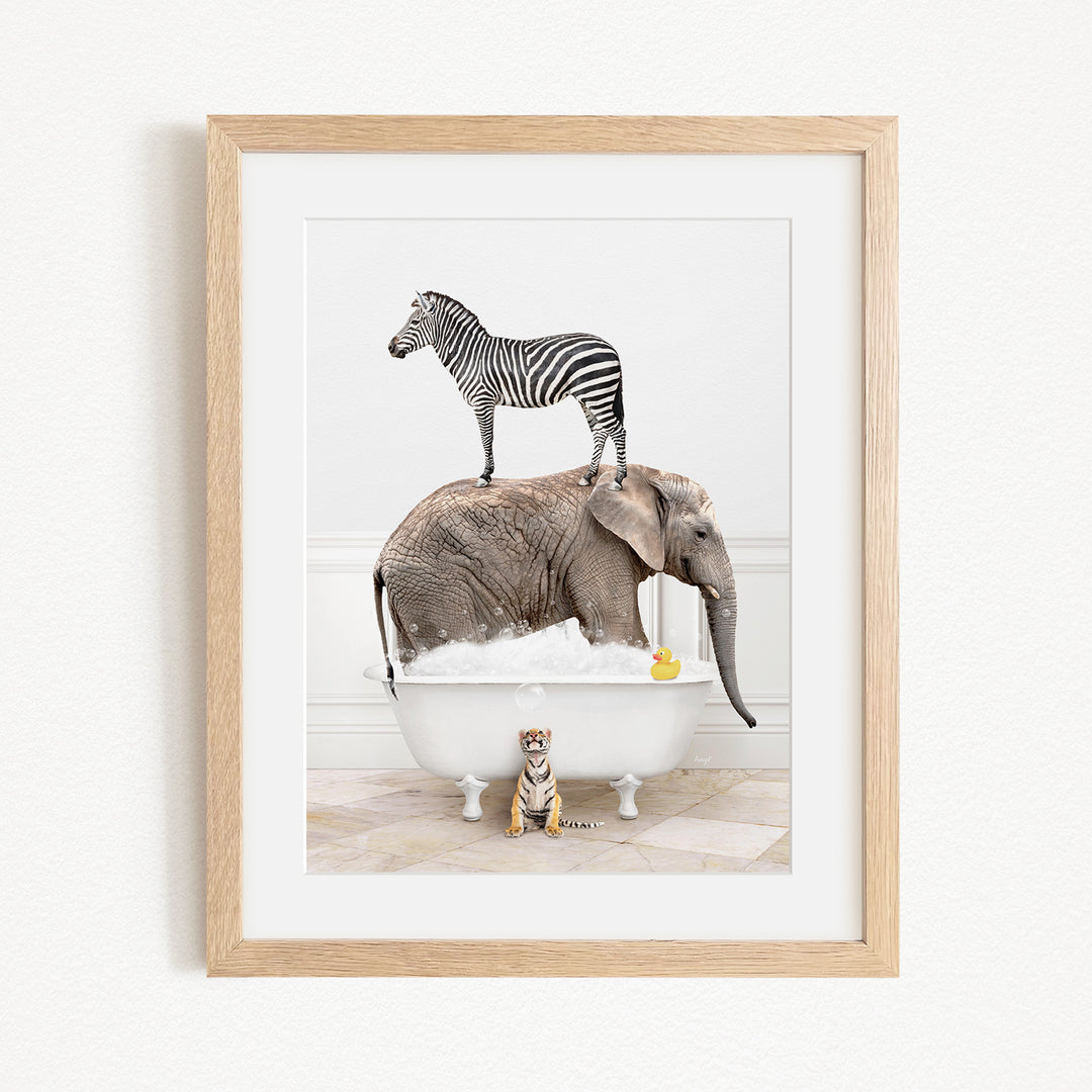 A zebra stands on an elephant's back while an elephant is submerged in a bathtub, with a small tiger sitting on the edge of the tub.