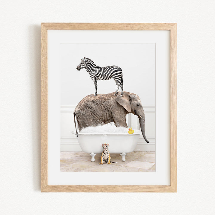A zebra stands on an elephant's back while an elephant is submerged in a bathtub, with a small tiger sitting on the edge of the tub.