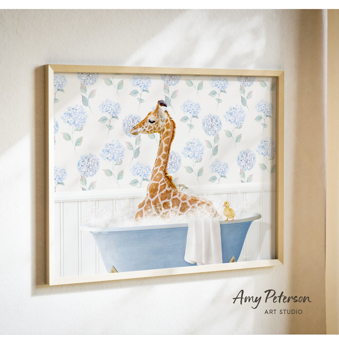 A giraffe sitting in a blue bathtub, surrounded by blue hydrangea flowers, with a yellow duck nearby.