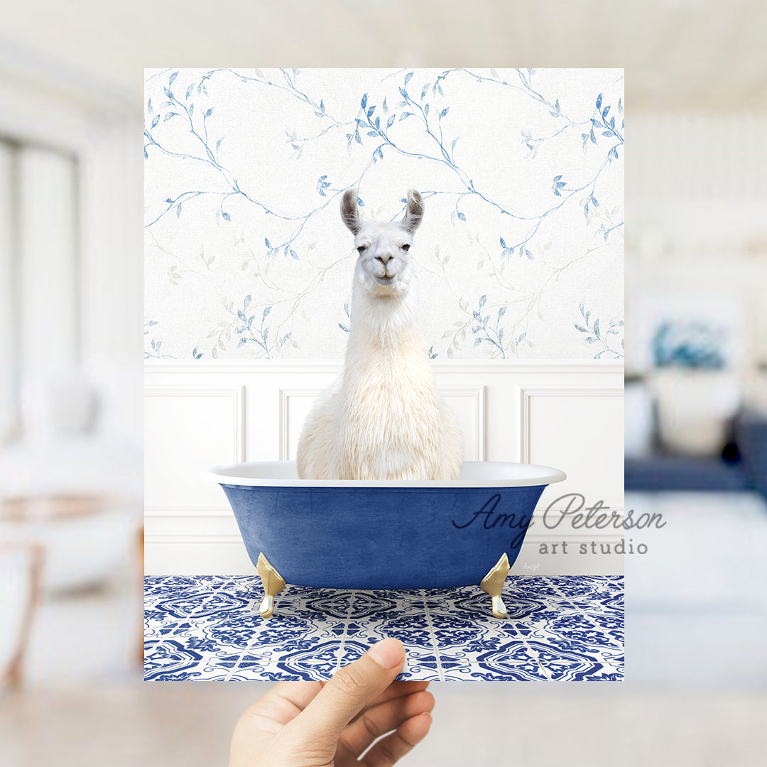 a llama sitting in a blue bath tub