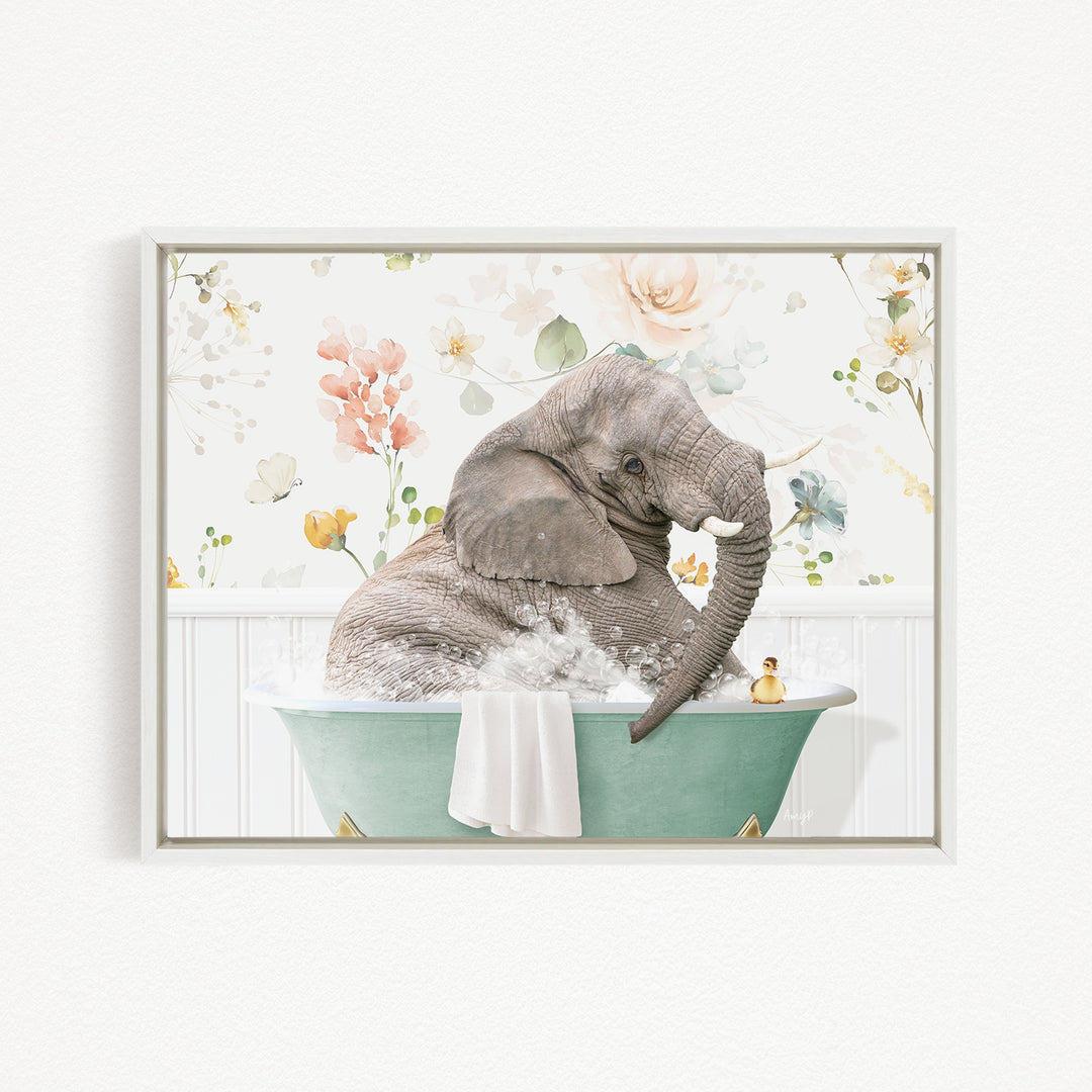 A gray elephant is sitting in a green bathtub filled with water, surrounded by a floral pattern.