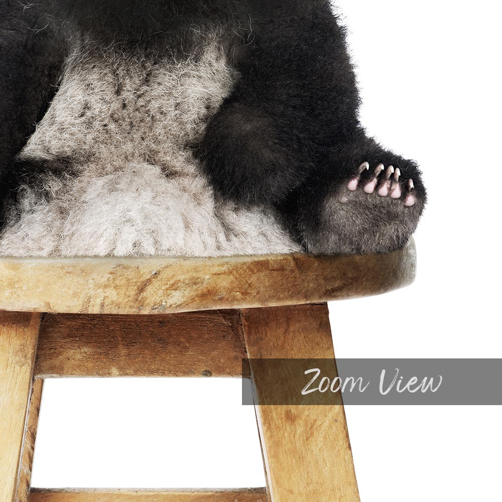 a black and white bear sitting on top of a wooden stool