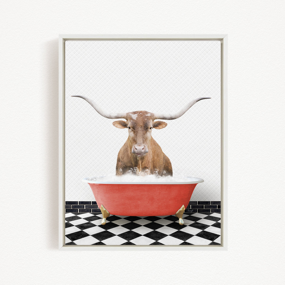A brown bull with long horns is sitting in a red bathtub filled with water, creating a whimsical and playful scene.