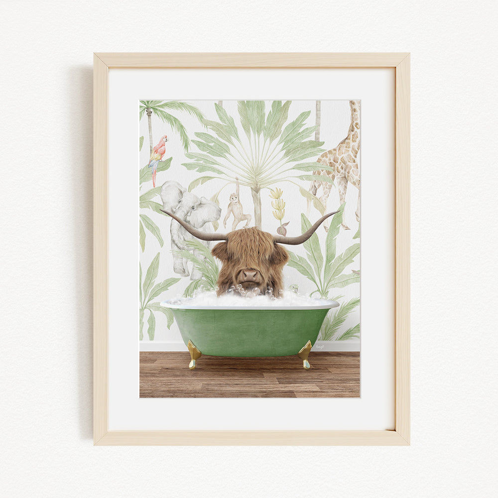 A framed illustration depicting a horned animal, likely a yak or a bison, sitting in a green bathtub filled with water, surrounded by tropical foliage.