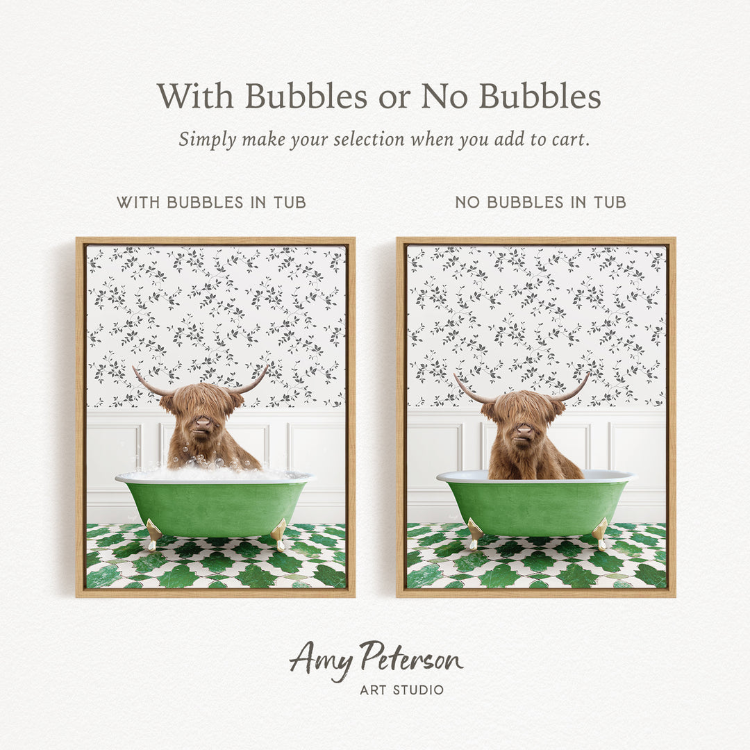 The image is a collage of two pictures featuring a Highland cow sitting in a green tub. The cow has long horns and is surrounded by a patterned background. The collage includes a text overlay that provides instructions for selecting the tub with bubbles or without bubbles, suggesting that the viewer can make their own decision when adding bubbles to the tub.