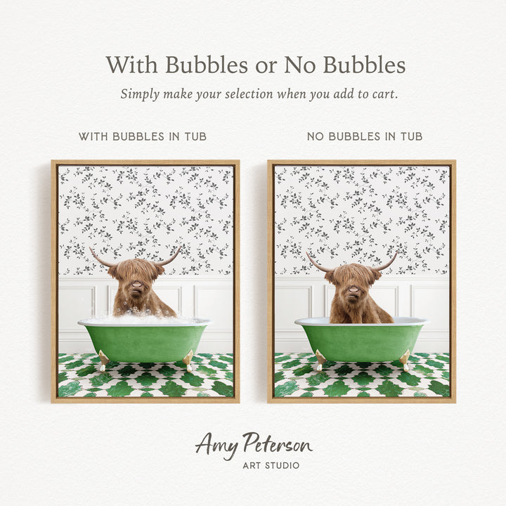 The image is a collage of two pictures featuring a Highland cow sitting in a green tub. The cow has long horns and is surrounded by a patterned background. The collage includes a text overlay that provides instructions for selecting the tub with bubbles or without bubbles, suggesting that the viewer can make their own decision when adding bubbles to the tub.