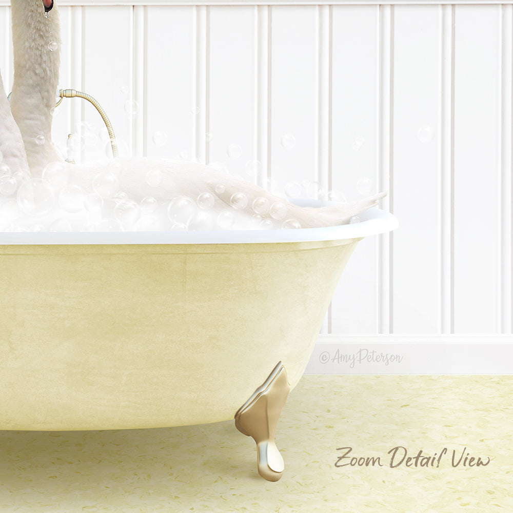 A white swan relaxing in a bathtub filled with bubbles, with a white wall and a text overlay that reads "Zoom Detail View".