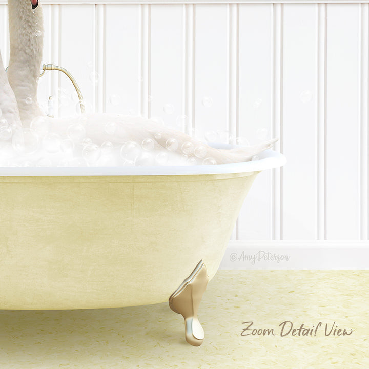 A white swan relaxing in a bathtub filled with bubbles, with a white wall and a text overlay that reads "Zoom Detail View".