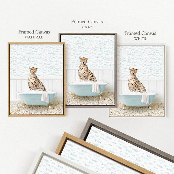 three framed pictures of a cheetah sitting in a bathtub, each with a different color frame.