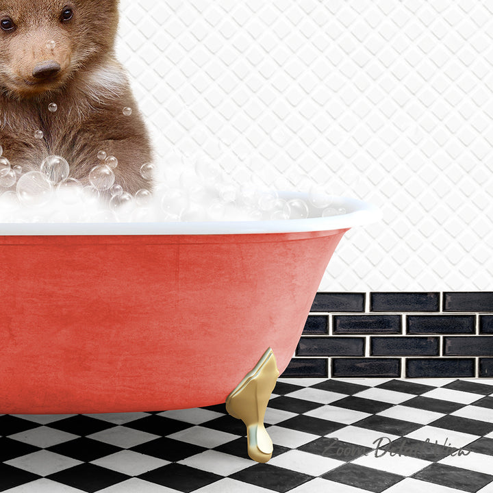 A brown bear sitting in a red bathtub filled with bubbles, with a black and white checkered floor and a brick wall in the background.