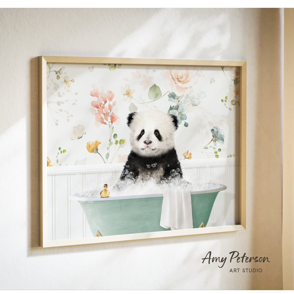 A panda bear sitting in a bathtub filled with bubbles, surrounded by a floral pattern.
