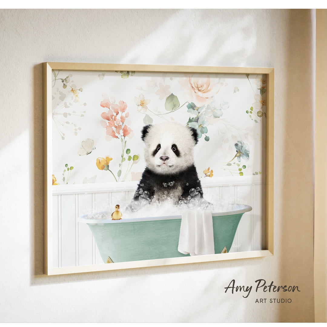 A panda bear sitting in a bathtub filled with bubbles, surrounded by a floral pattern.