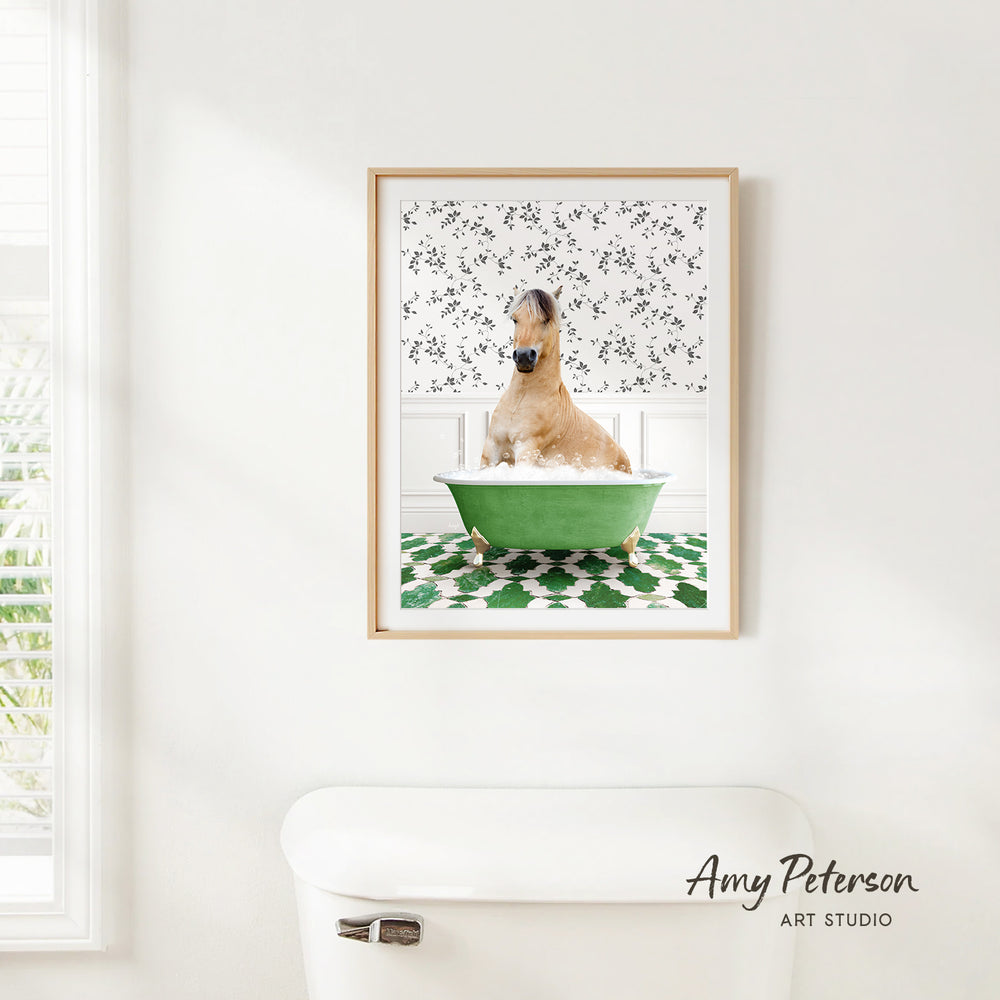 A framed image of a dog sitting in a green bathtub, surrounded by a patterned wall and a white toilet in a bathroom setting.
