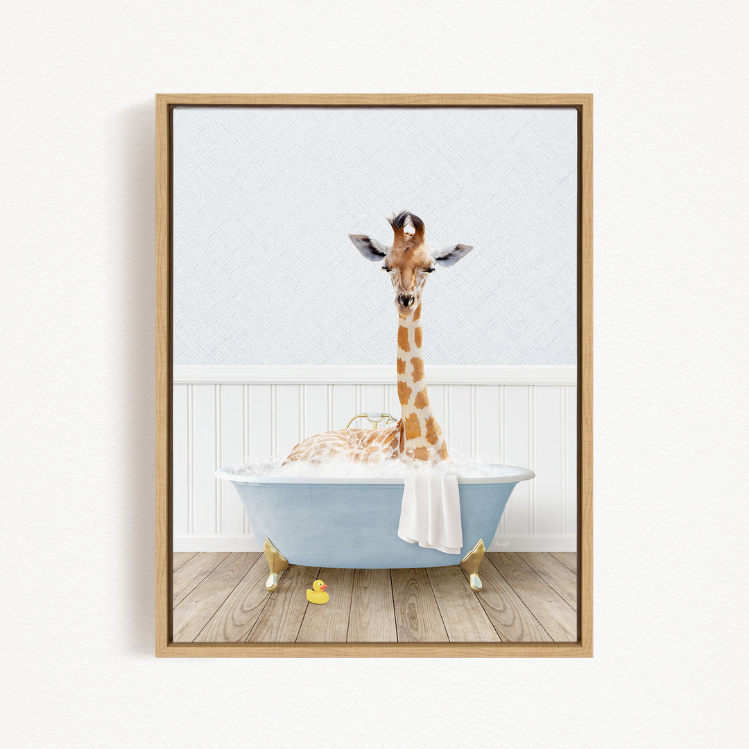 A giraffe is sitting in a blue bathtub filled with water, surrounded by rubber ducks on a wooden floor.