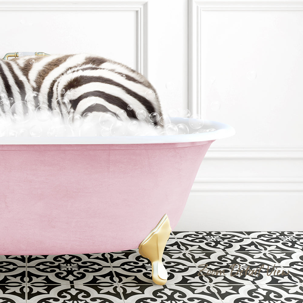A zebra lying in a pink bathtub filled with bubbles, surrounded by a black and white patterned floor.