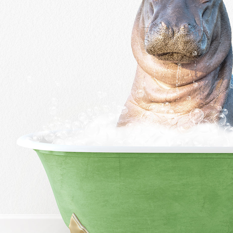 a hippopotamus sitting in a green bathtub