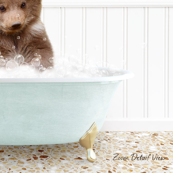 A cute brown bear sitting in a light blue bathtub filled with bubbles, with a white tiled floor and a text overlay that reads "Zoom Detail View".