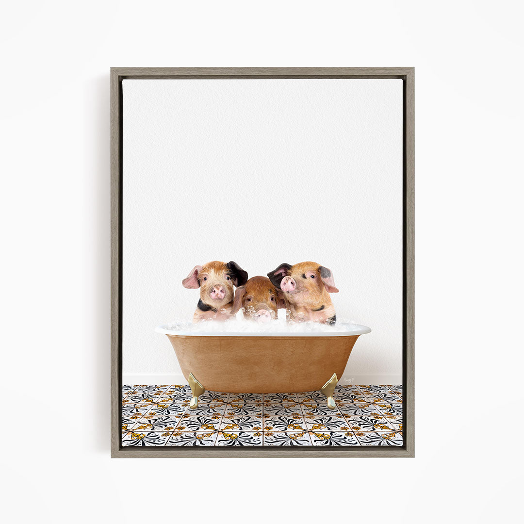 Three adorable pigs sitting in a bathtub filled with water, creating a playful and whimsical scene.