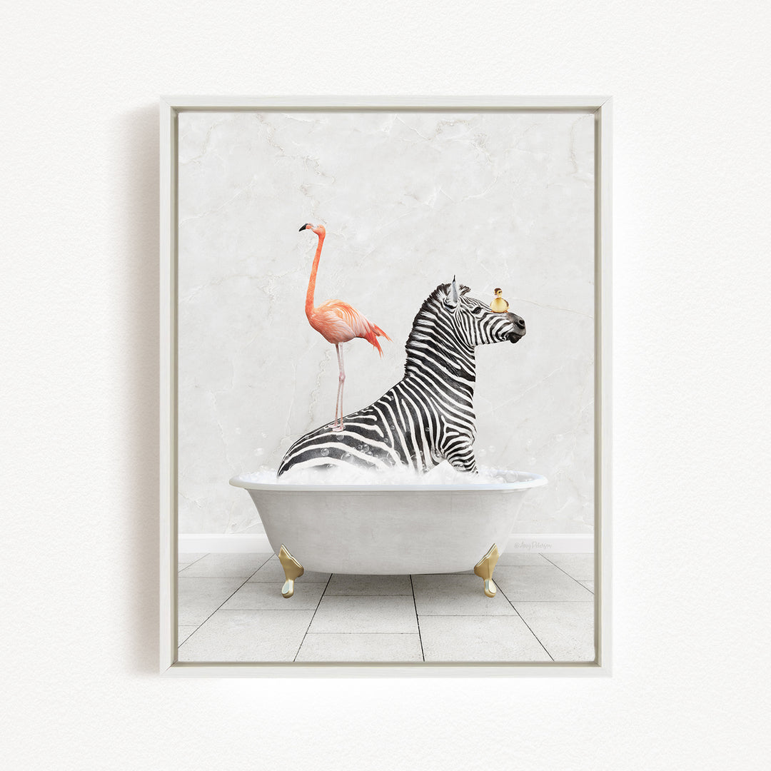 A zebra is sitting in a white bathtub, with a flamingo standing on its back legs and a bird perched on its head.
