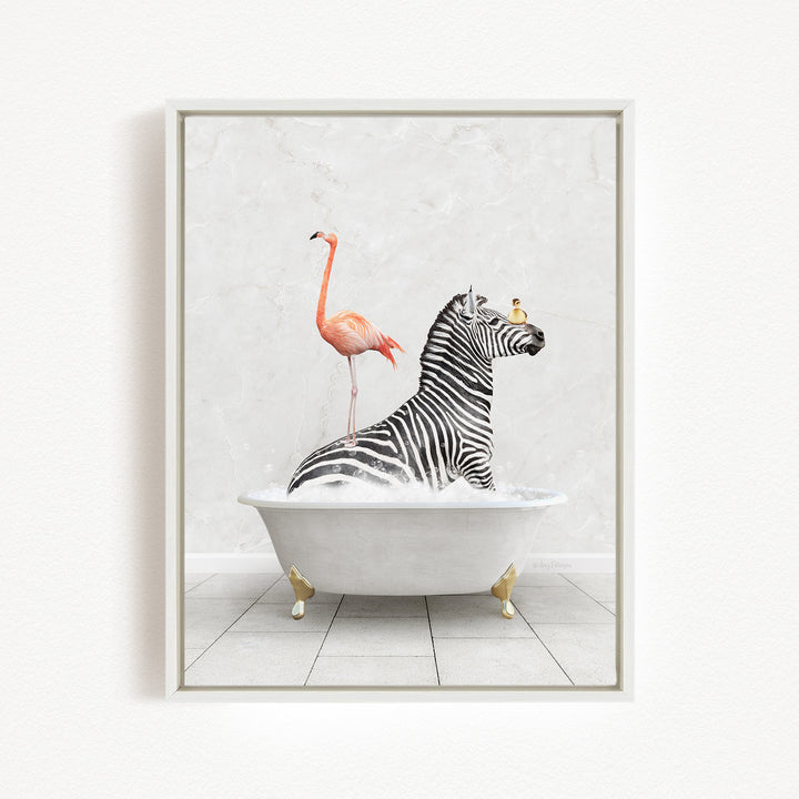 A zebra is sitting in a white bathtub, with a flamingo standing on its back legs and a bird perched on its head.
